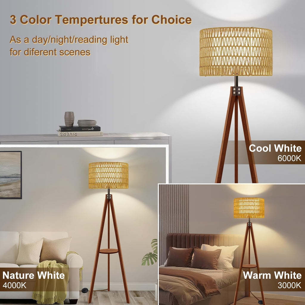 Boho Tripod Floor Lamp with Shelf, Double Lampshades Mid-Century Standing Lamps
