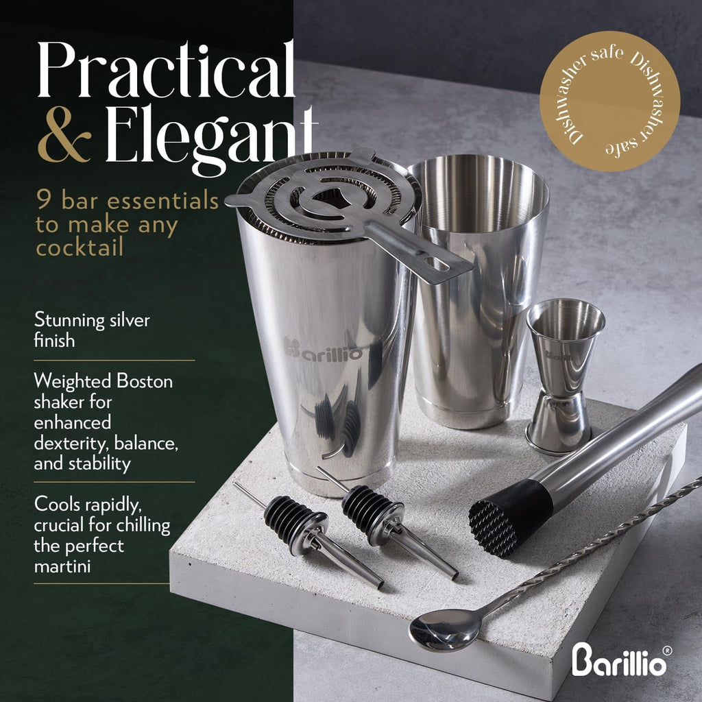 Boston Shaker Set - Stainless-Steel, Weighted, Martini Cocktail Shaker Set w/Strainer & Mixer - Mixology Bartender