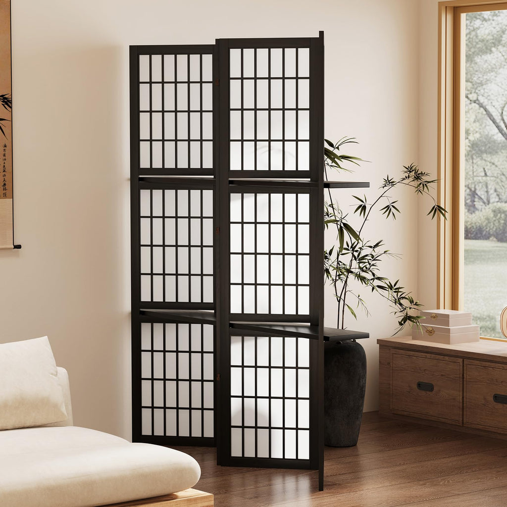 5.6FT Room Divider and Folding Portable Partition Screen, Chinese Japanese Shoji Style with Three Display Shelves for