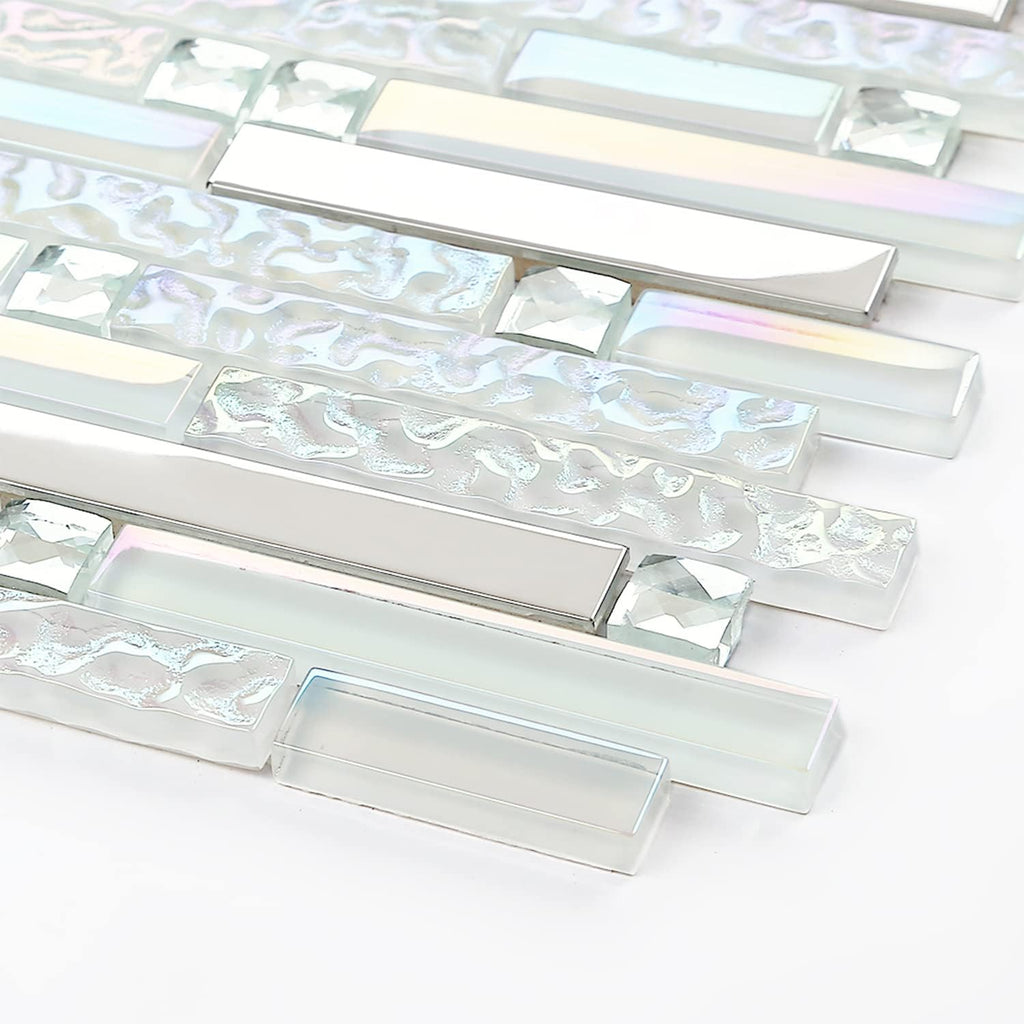 Glass Metal Tile Iridescent White Glass Silver Mirror Stainless Steel Blends Interlocking Strip Wall TSTNB01 (Pack of