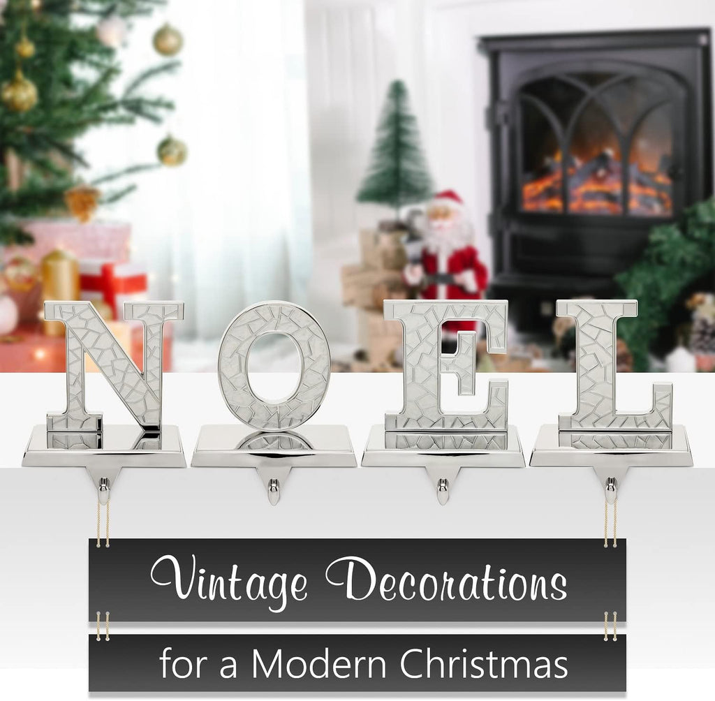 Stocking Holder for Mantle - 4pc N O E L Christmas Stocking Holders Nickel - Stocking Holders with Velvet Bottom