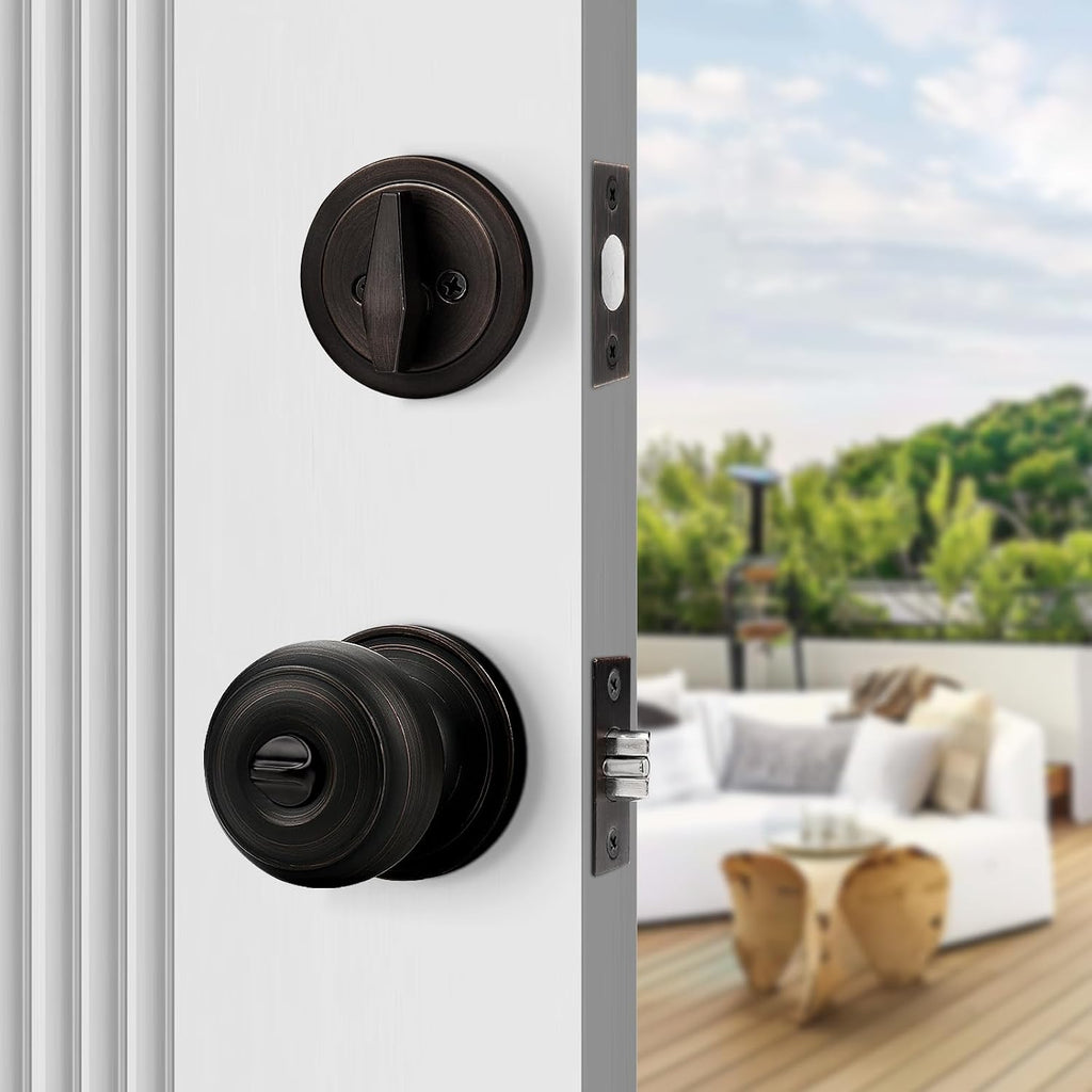 Entry Door Knob Lock Set and Single Cylinder Deadbolt Combination Set, Oil-Rubbed Bronze (3 Pack) Keyed Alike
