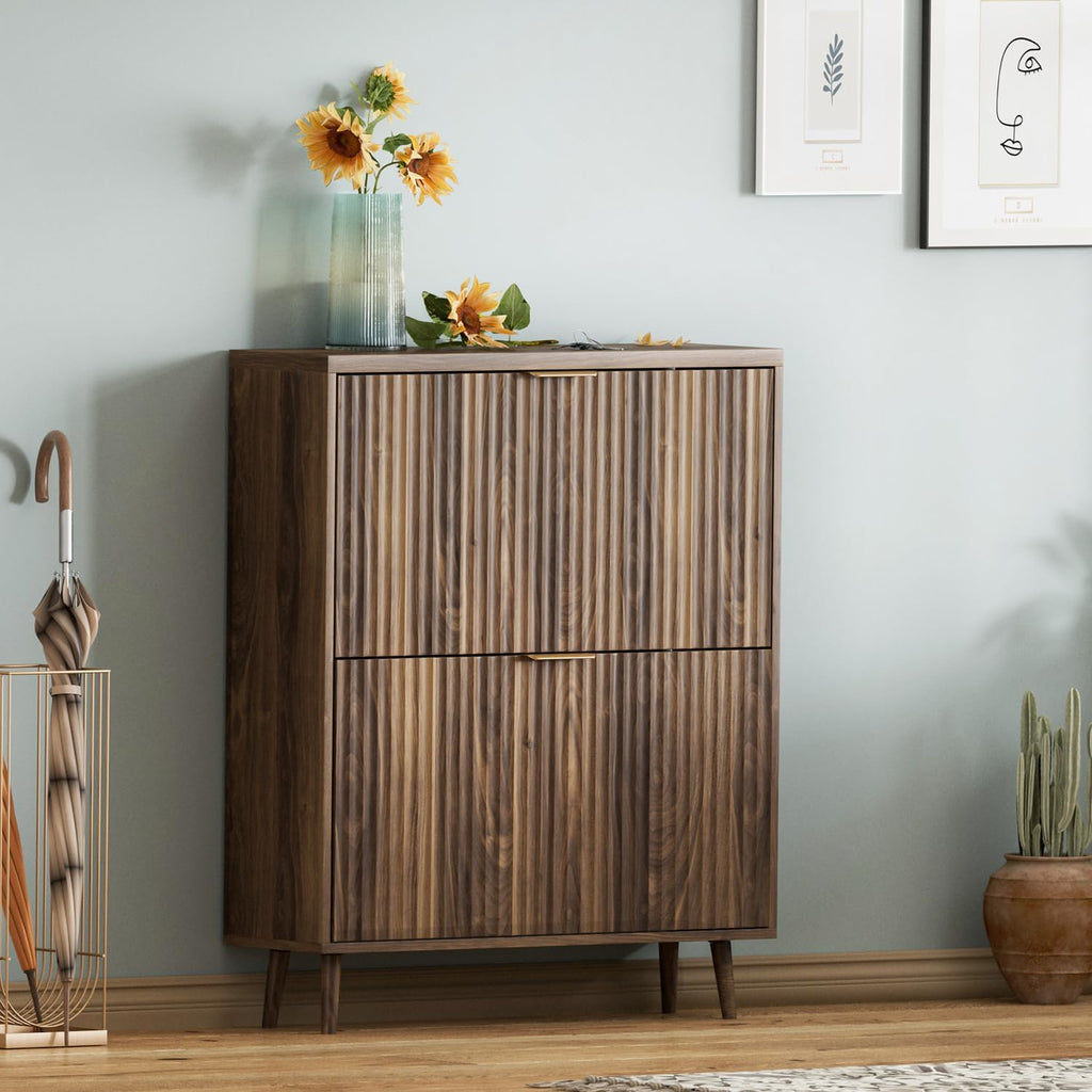 Shoe Cabinet Storage, Modern Freestanding Organizer with 2 Flip Drawers, Narrow Shoe Rack , Walnut