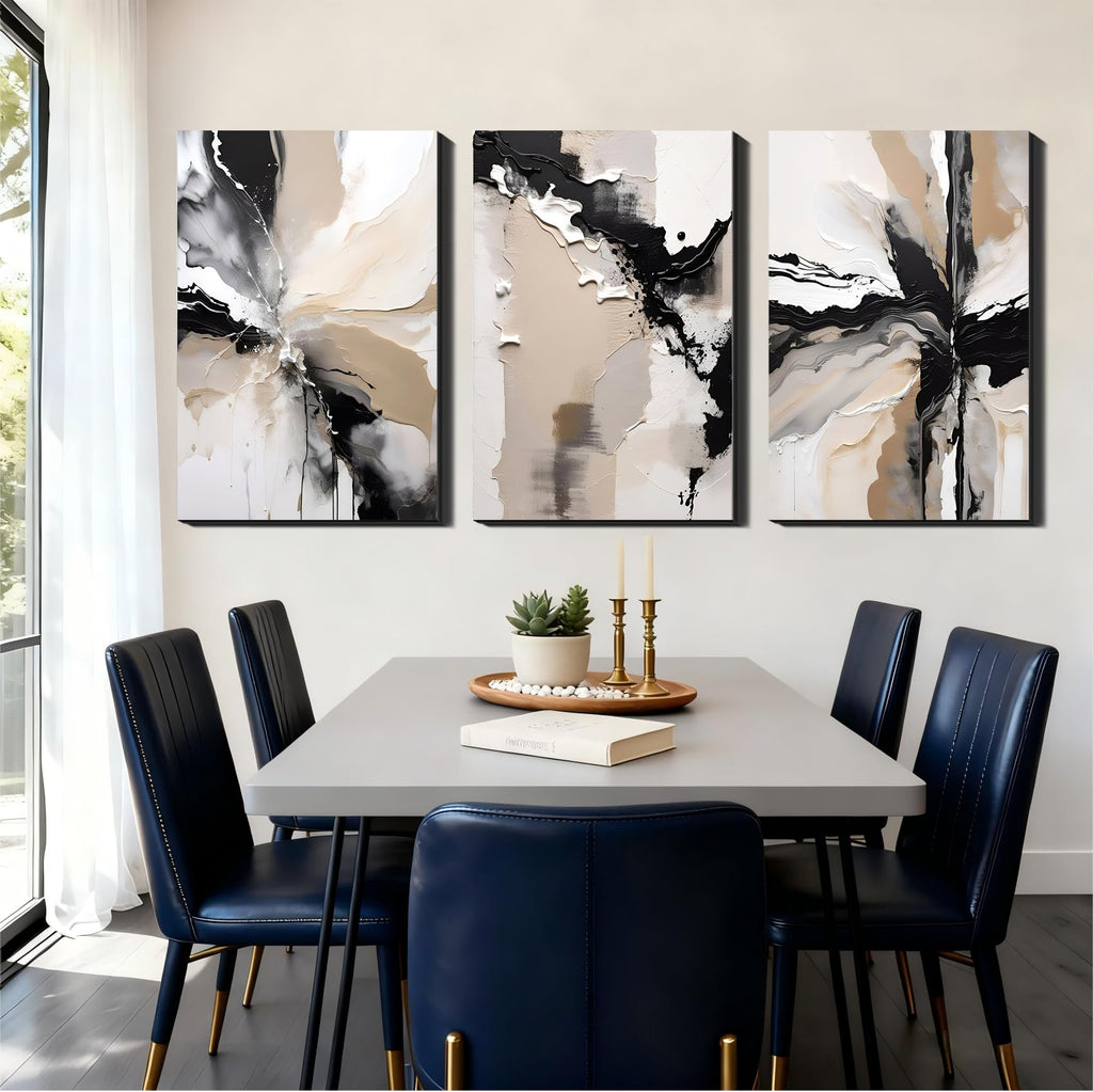 Large Canvas Wall Art Office, 3 Piece Black Beige Abstract Canvas Prints Pictures, Neutral Modern Paintings, Extra