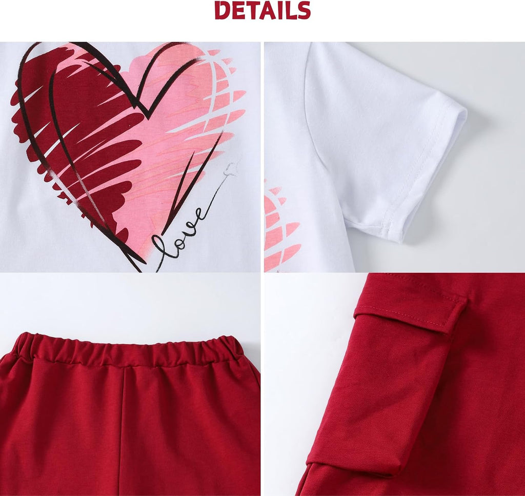 Teen Girls 2 Piece Clothes Short Sleeve Heart Graphic T-Shirt Top + Cargo Pants 2pcs Outfit Set
