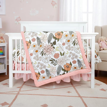 4-Piece Crib Bedding Set for Girls, Pink Baby Girl Bedding Set with Super Soft Crib Skirt, Reversible Baby Quilt