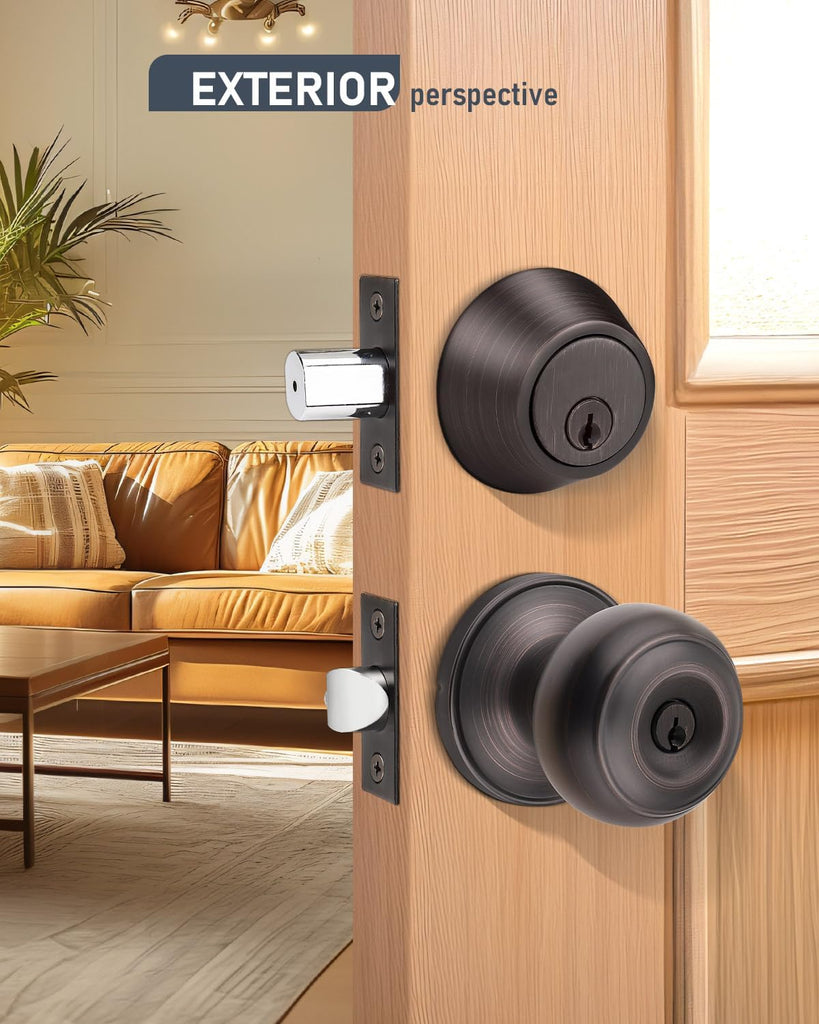 6 Pack Keyed Alike Front Door Knob and Deadbolt Set, Entry Door Locksets with Single Cylinder Deadbolt, Oil Rubbed