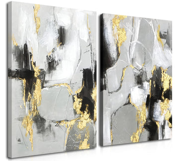 Framed Abstract Black Gold Wall Art Set of 2, Modern Black White Gold Canvas Prints Poster Picture Bedroom Office