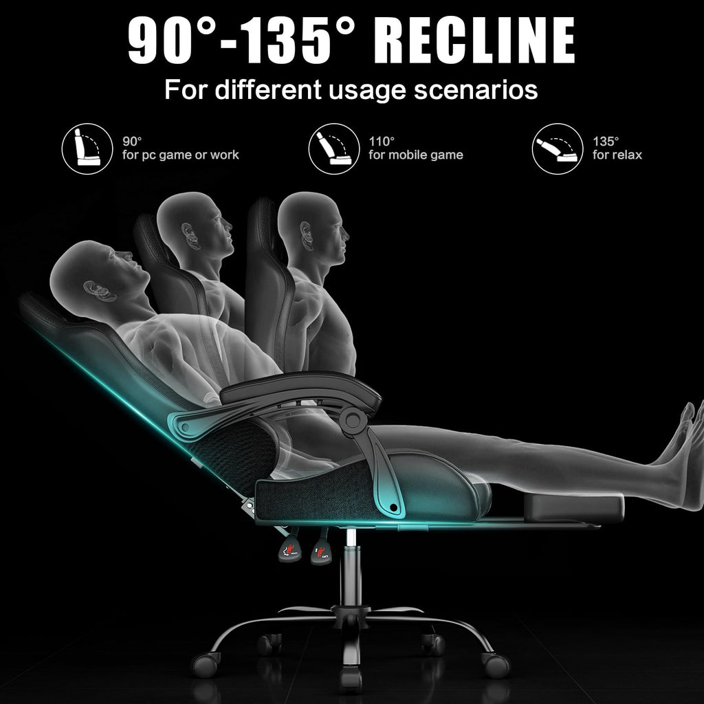 Gaming Chair with Footrest Racing Style Lumbar Support Massager Video Game Chair with Metal Legs, High Back Gamer