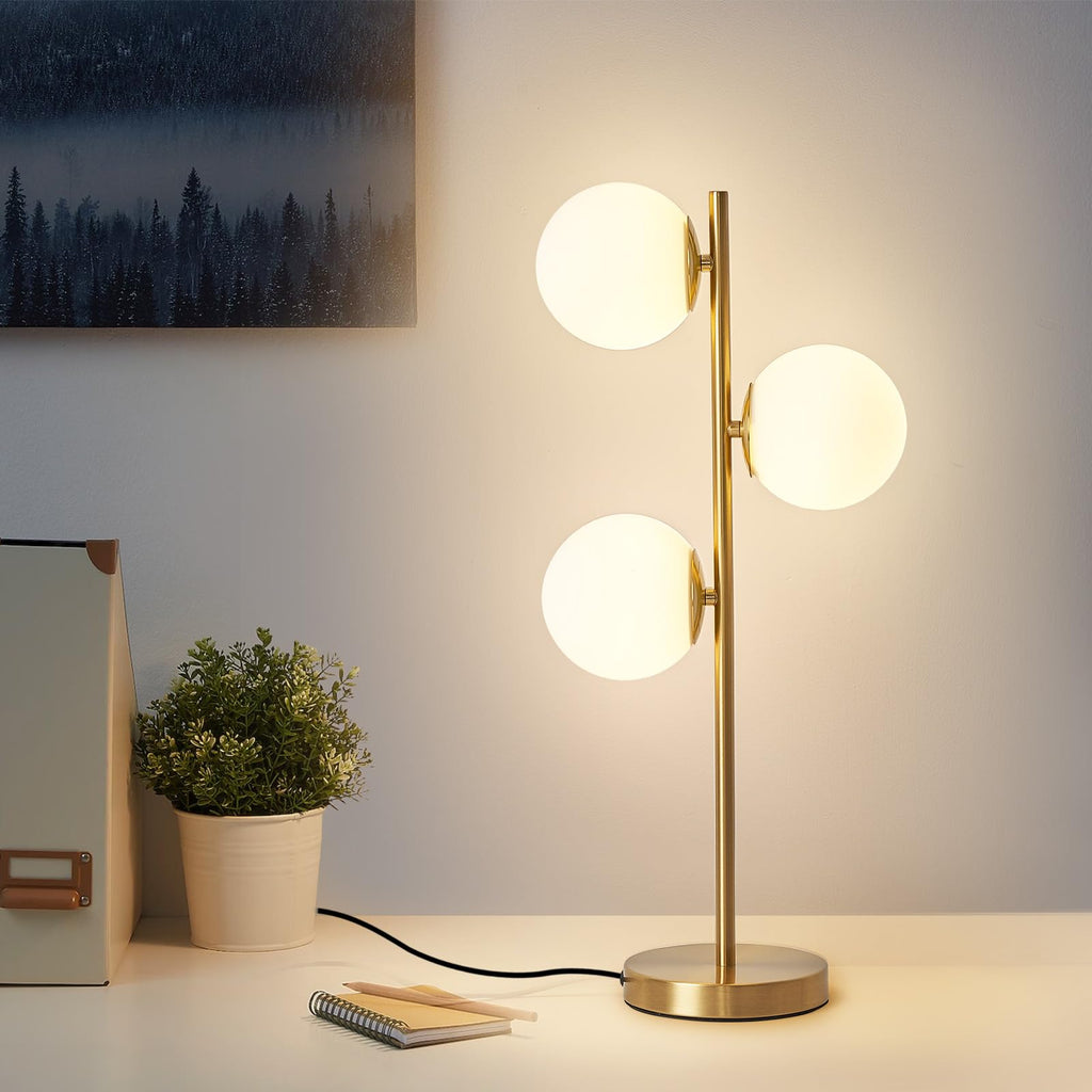 Mid Century Modern 3-Light Table Lamp, Gold Glass Globe Nightstand Light with 3 Color Temperatures, LED Bedside Lamp