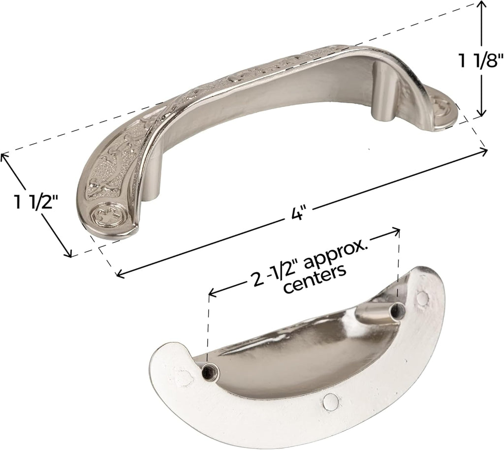 Baroque Scroll Work Brushed Nickel Drawer Bin Pull | Centers: 2 1/2" | Cup Pull Handle for Antique Cabinet Door