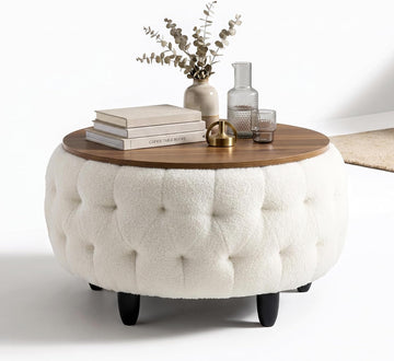 Large Round Storage Ottoman Coffee Table with Wooden Tabletop, 32 Inches Teddy Fleece Tufted Ottoman s (White)