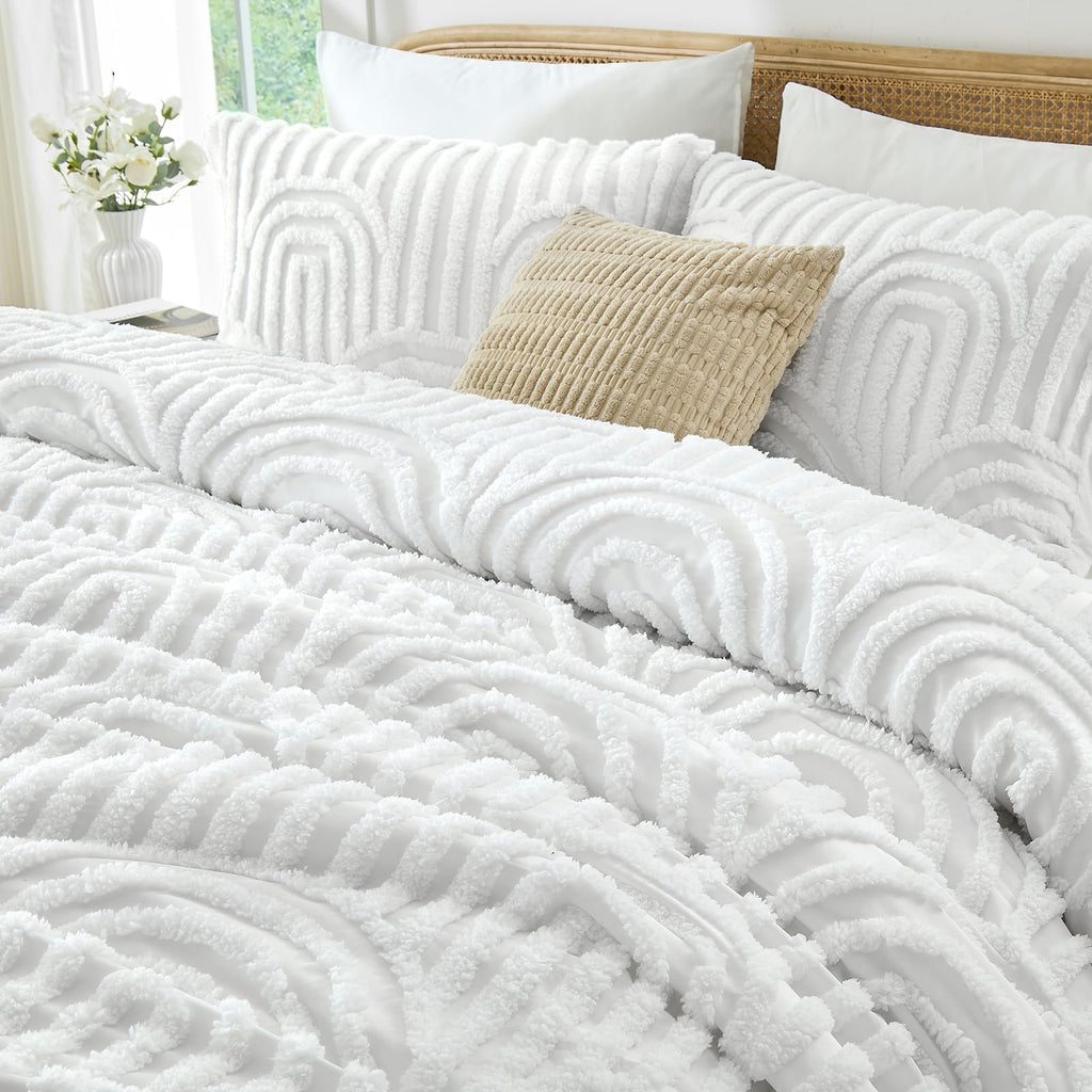 Boho Tufted Comforter Set, 7 Pieces White Bedding Sets