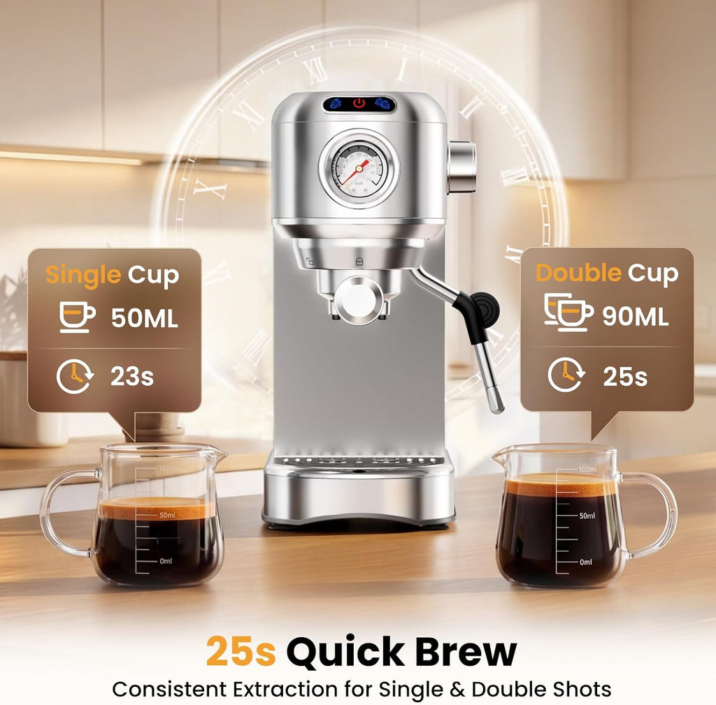 Espresso Machine 20 Bar, Compact Espresso Coffee Machine with Milk Frother, Stainless Steel Coffee Maker with 34oz