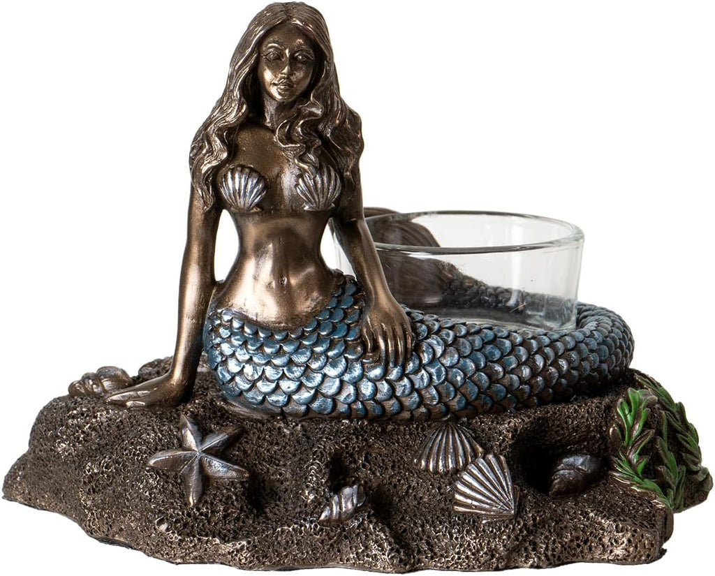 Nautical Mermaid Votive Tealight Candle Holder, Bronze and Blue Decorative Figurine with Glass Cup, Ocean Theme Res
