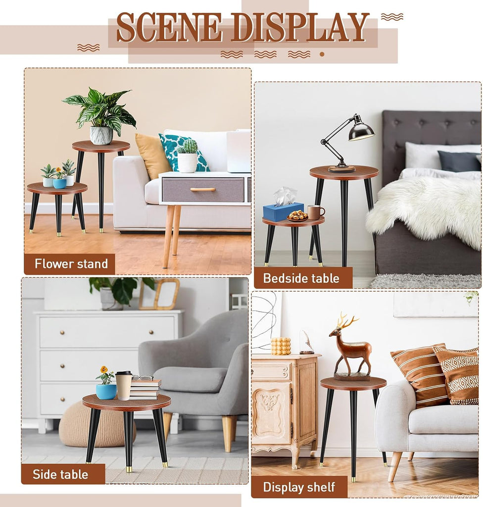 2 Pcs Indoor Plant Stand Mid Century Vintage Wood Modern Flower Pots Holder Round Side Table End Table Plant Stools