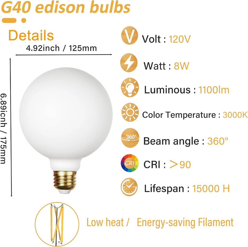 Large Globe G40 Edison Bulbs 8W 1100LM E26 Dimmable 3000K, 2 Pack