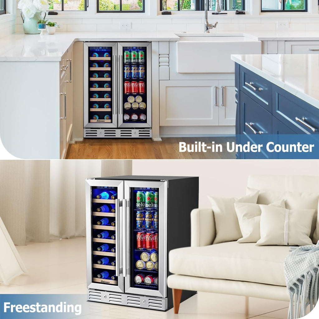 Wine and Beverage Refrigerator, 24 inch Wine Fridge Dual Zone Hold 21 Bottles an