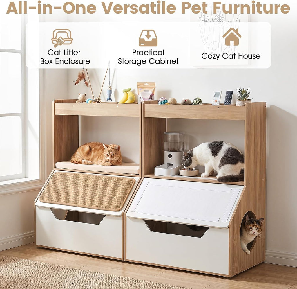 Modern Cat Litter Box Enclosure, 3-in-1 Hidden Litter Box Furniture with Scratching Pad, Perch, 4-Cubby Storage