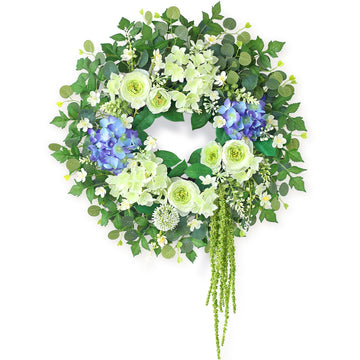 26" Fake Eucalyptus Hydrangea Flower Wreath for Front Door(White&Purple)