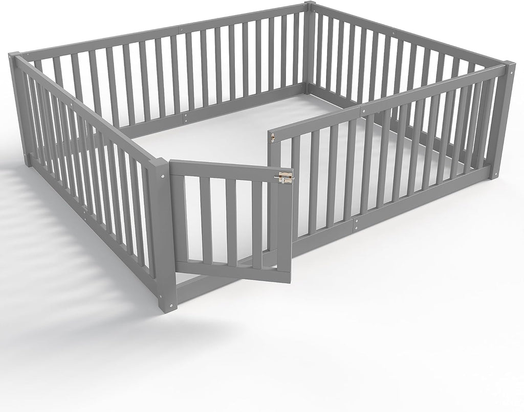 Full Size Kids Montessori Floor Bed with Door,Solid Wood Floor Bed Frame with High Fence for Girls,Boys,Gray
