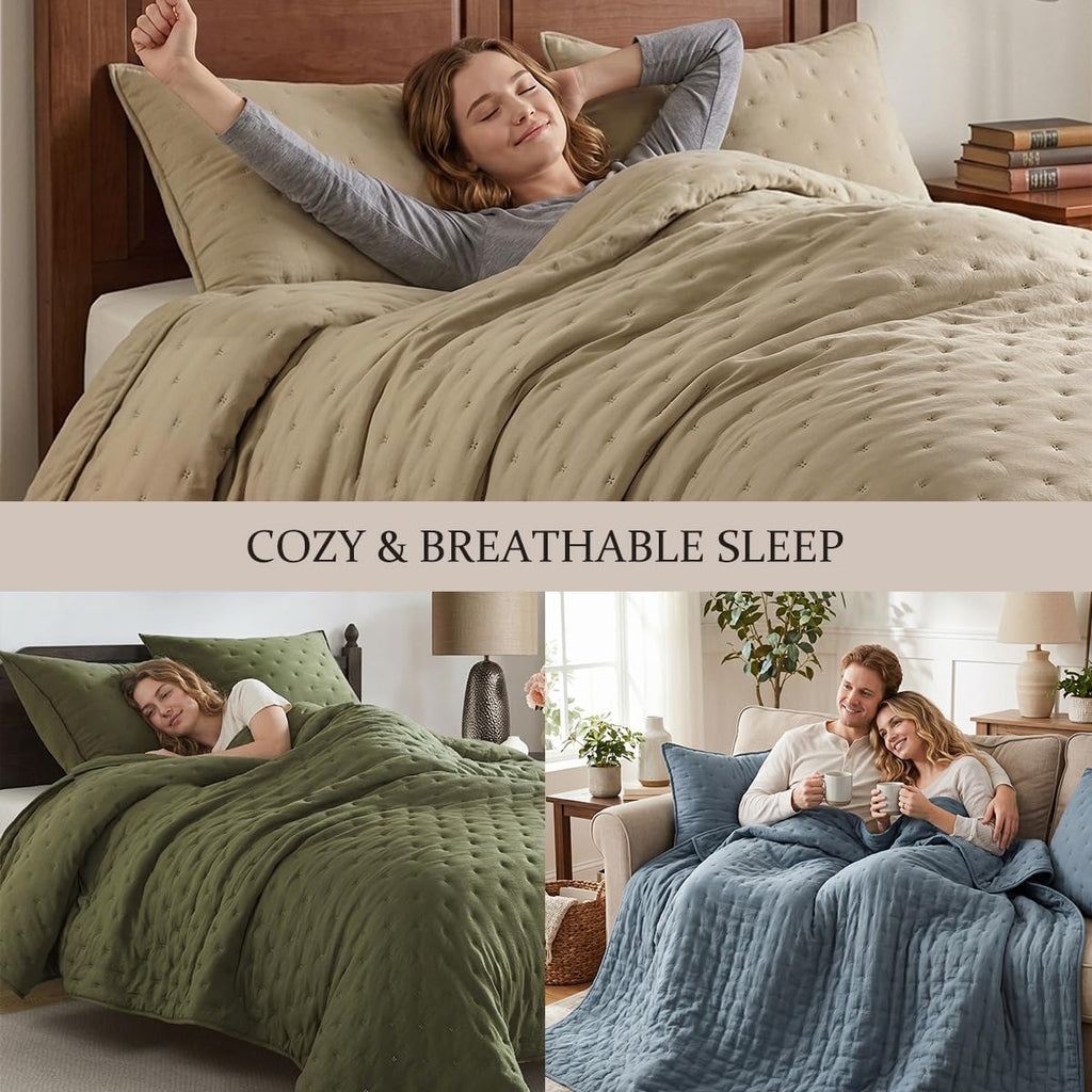 Beige Cloud Queen Quilt Bedding Sets with Pillow Shams, Farmhouse Lightweight Soft Bedspread Coverlet, All Season