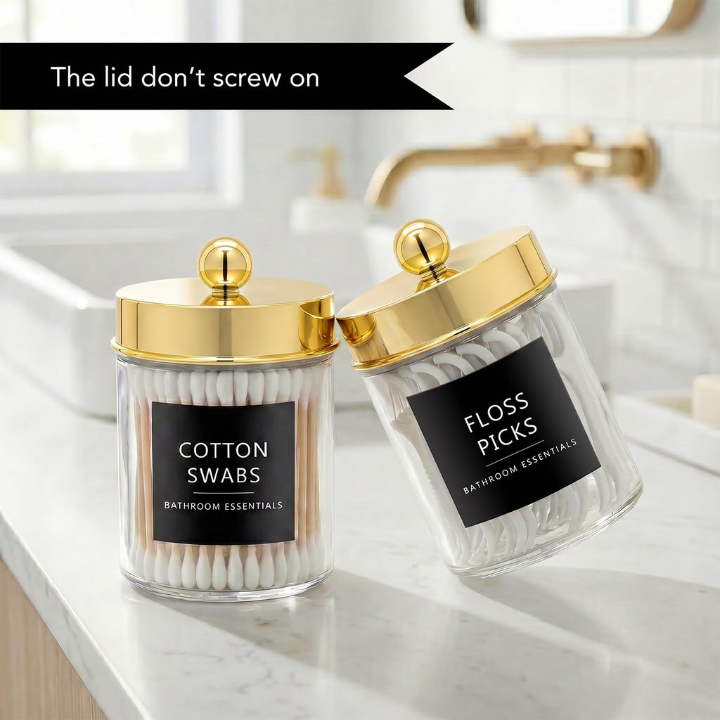 Glass Apothecary Jars Qtip Holder w/Plastic Lids, Gold 4pc