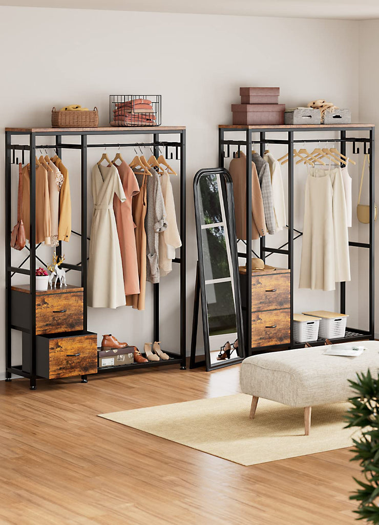 Clothes Rack with 2 Rods, Shelves, Drawers & Hooks, Garment Rack