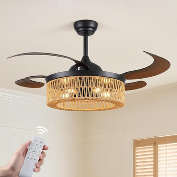 48 Inch Retractable Ceiling Fans with Lights and Remote, Boho Caged Farmhouse Ceiling Fan, Invisible Rattan Fandelier