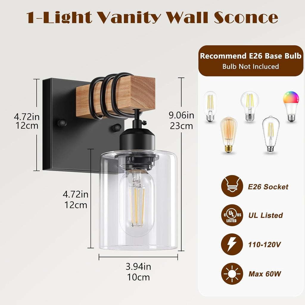 Set of 2 Wall Sconces , Farmhouse 1-Light Matte Black Bathroom Vanity Light with Clear Glass Shades, Indoor Wall