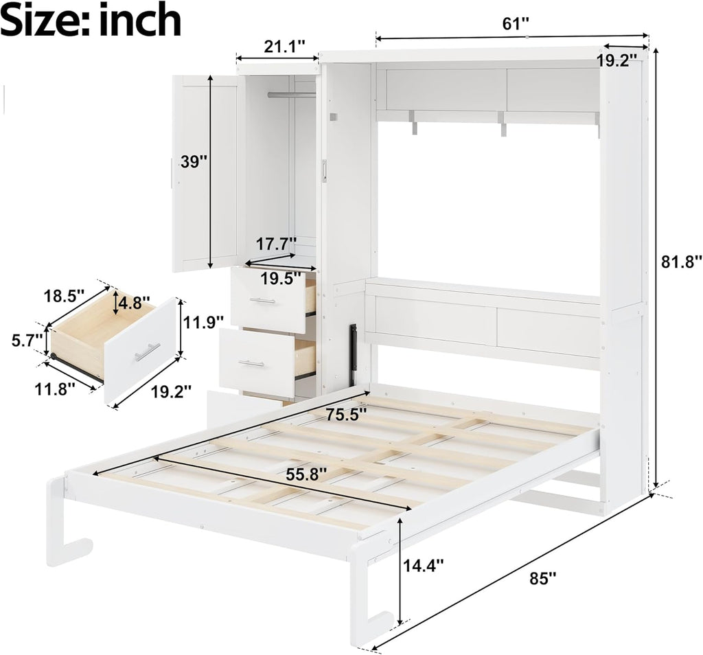 Full Murphy Bed with Drawers and Wardrobe,Multifunctional Foldable Wood Platform Bed Frame for Small Spaces Studio