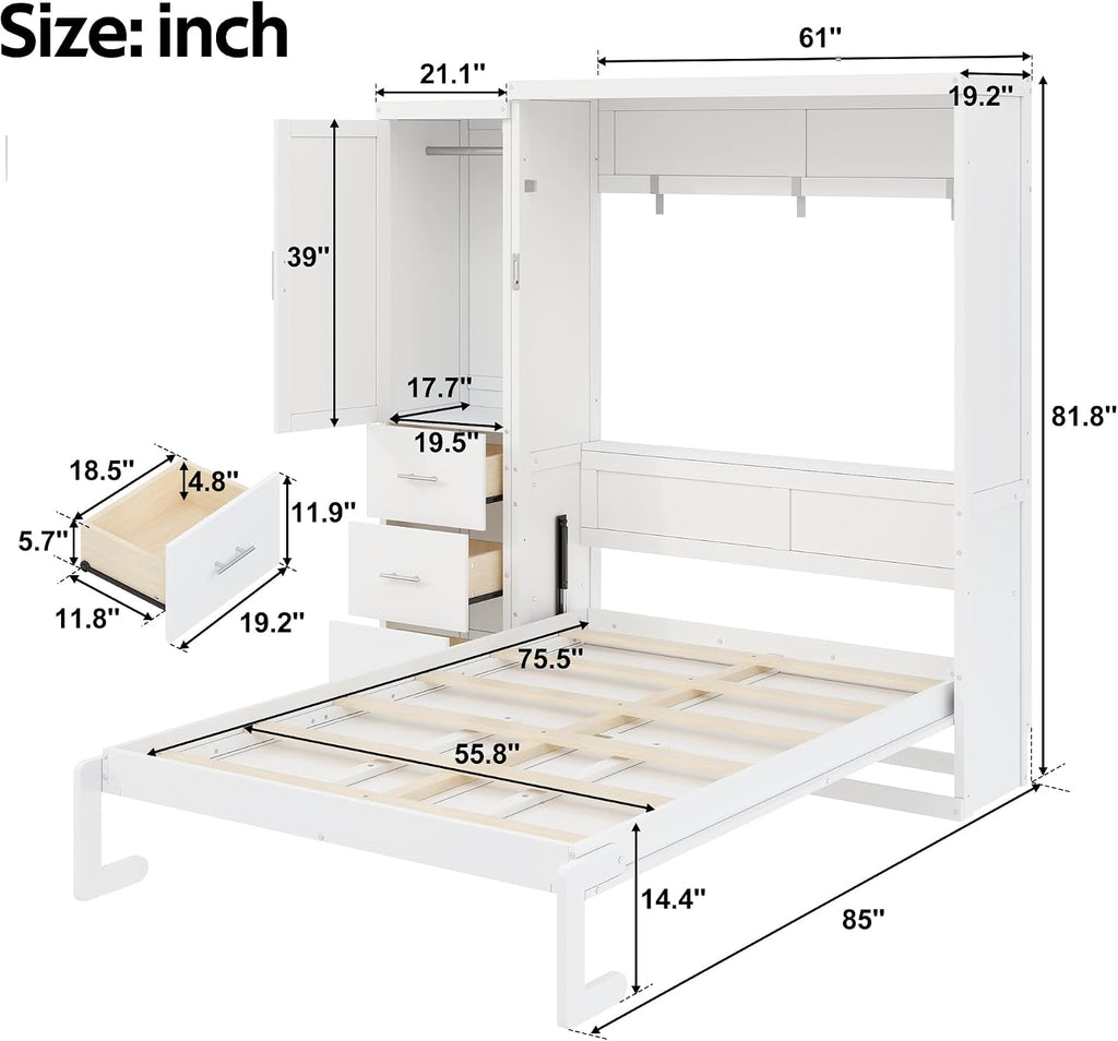 Folding Bed Cabinet Full with Storage, Hidden Murphy Bed with Drawers and Wardrobe, White