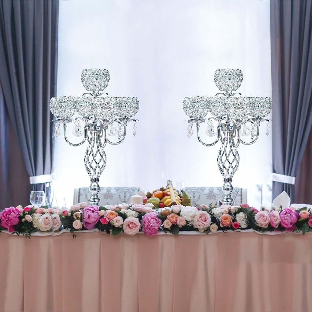 Crystal Candelabra Centerpiece, 5-Light Gold Metal Stand with Hanging Crystals, Decorative Wedding Table Holder (1