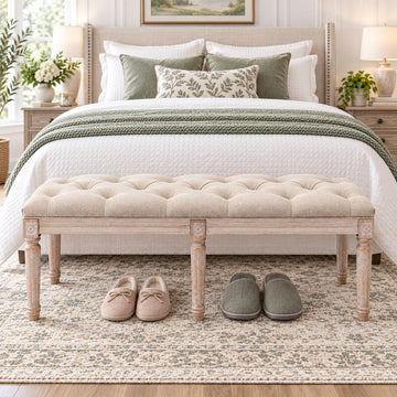 Fabric Upholstered Dining Bench - Classic Entryway Ottoman Bench Bedroom Bench with Rustic Wood Legs - Beige
