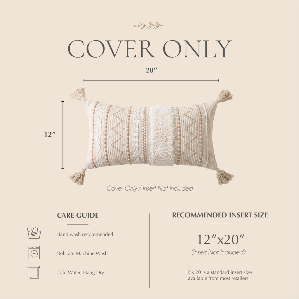 12x20 Lumbar Pillow Cover, Cream Neutral Beige Rectangular Decorative Cushion Cover, Boho Accent Pillowcase with