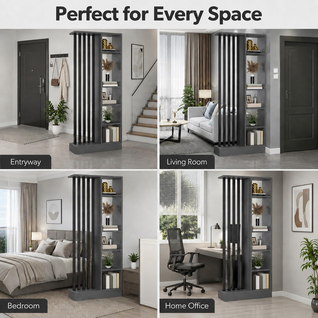 Wood Room Divider with Storage Shelves Freestanding Slat Partition