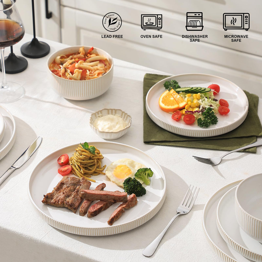 Ceramic Dinnerware Sets for 6, Round Reactive Glaze Porcelain Plates and Bowls Sets, Scratch Resistant Modern Dishes