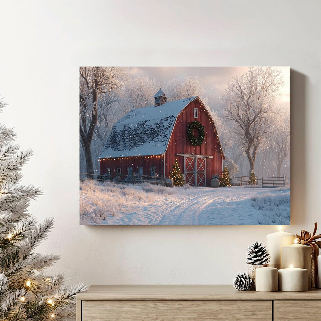 Christmas Farmhouse Canvas Wall Art Red Barn Pictures Wall Decor Christmas Tree Poster Vintage Snowy Country Prints