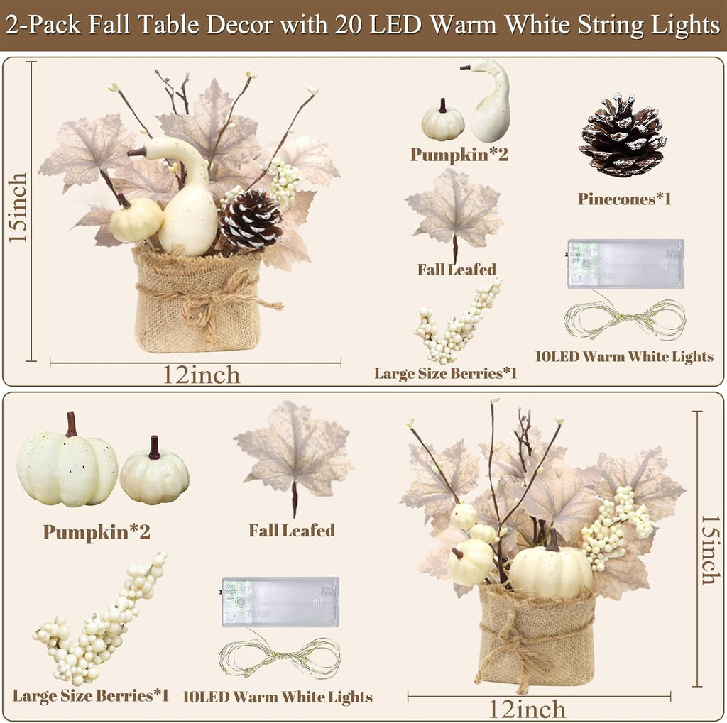 [Light & Timer] Fall Decor 2 Pack Fall Table Centerpieces with 20 LED Tabletop Maple Tree Pumpkin Pinecone Berry - Set of 2