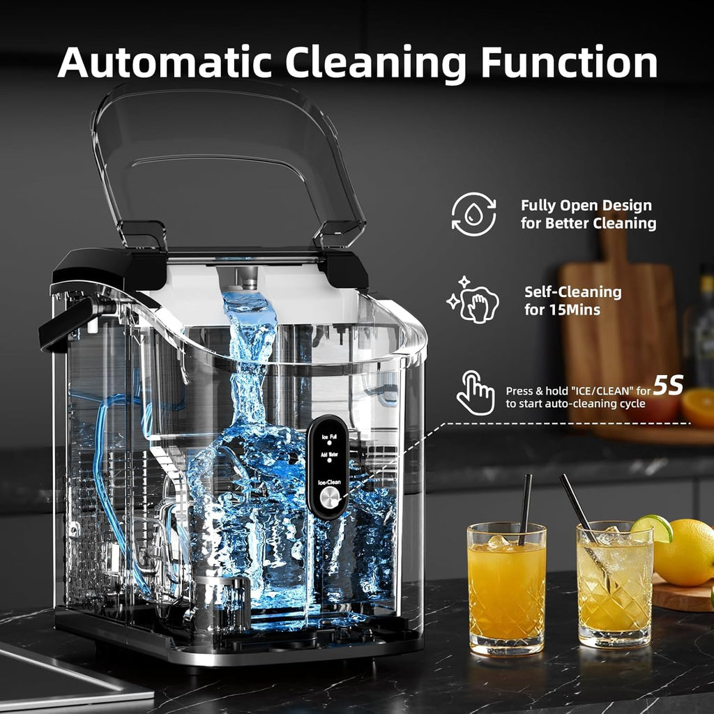 Nugget Ice Maker Countertop with Soft Chewable Ice, Portable Sonic Ice Maker with Basket and Scoop, Removable Top