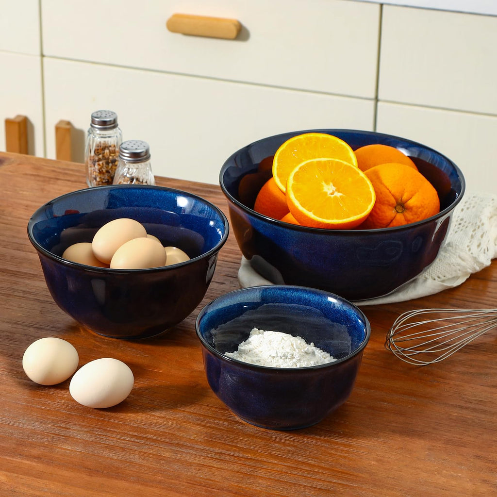 Ceramic Mixing Serving Bowl Set: Nesting Stoneware Kitchen Decorative Large Bowls for Prepping, Baking - Microwave