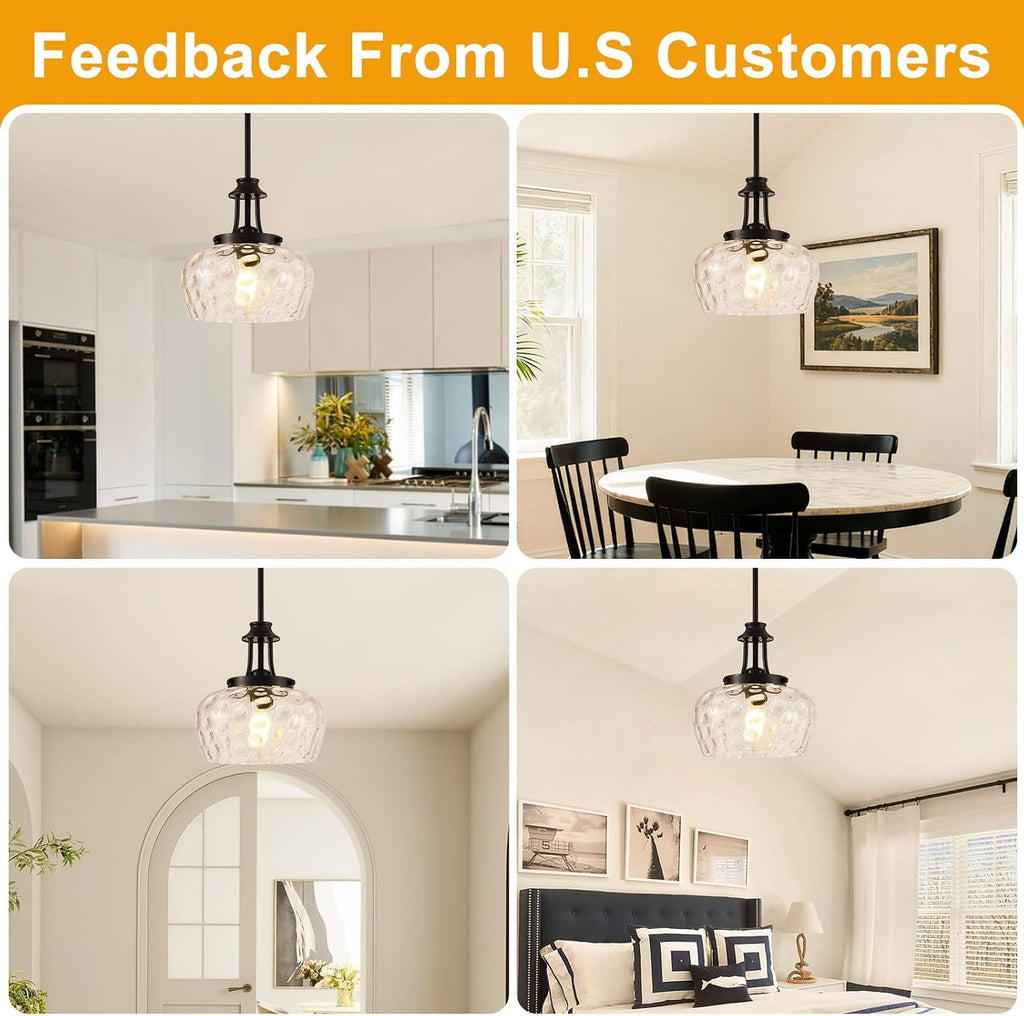 Modern Pendant Lights Kitchen Island, Matte Black Pendant Light Fixtures with 10" Clear Hammered Glass Shade