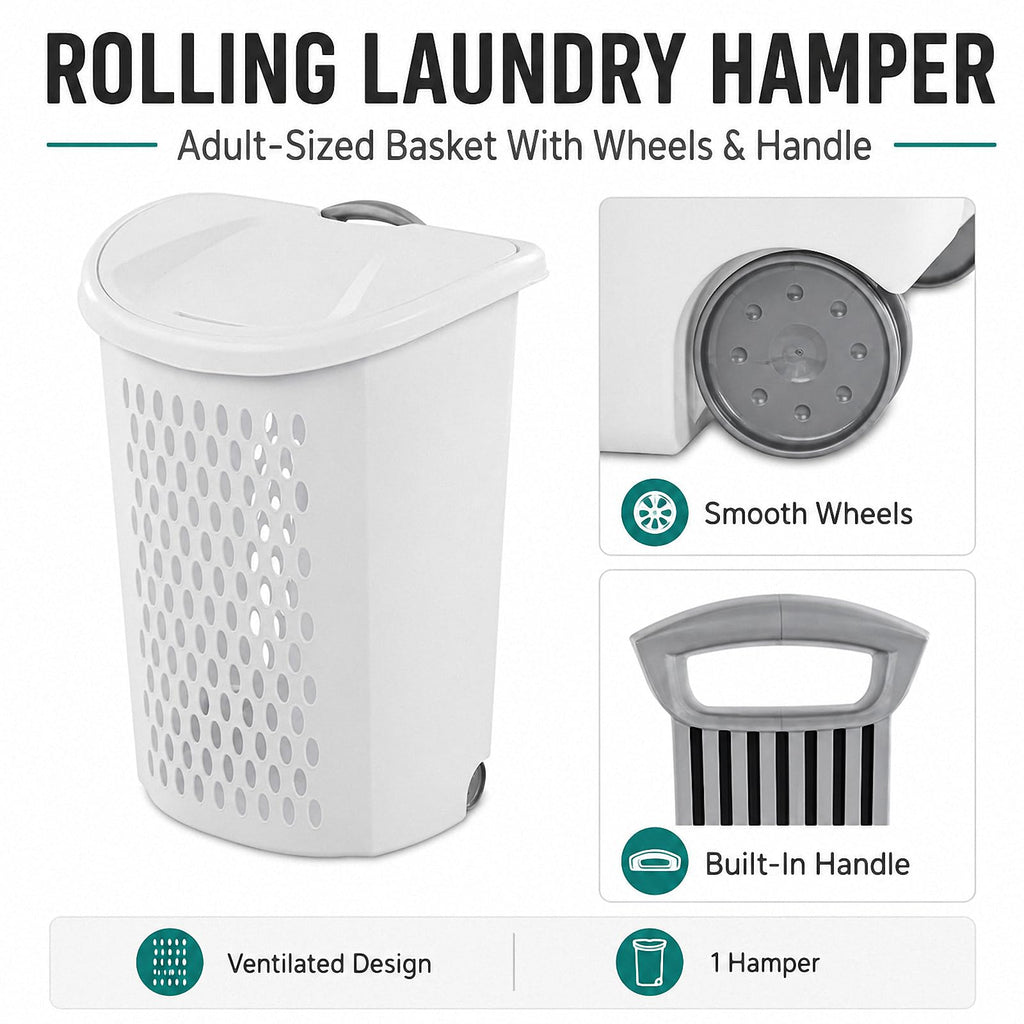 Rolling Laundry Hamper with Wheels & Handle, Plastic Basket with Lid,2-Pack