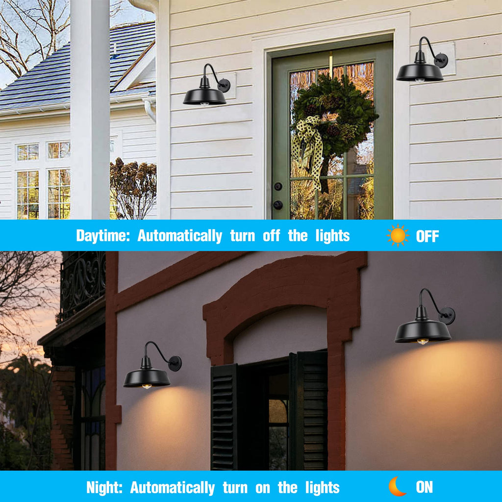 12.6" Gooseneck Barn Light, Dusk to Dawn Black Outdoor Wall Sconce