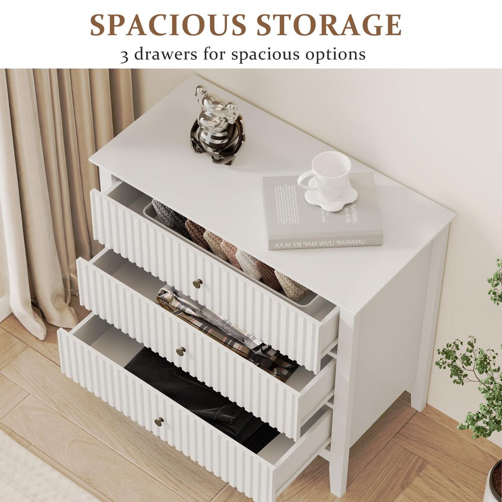 Fluted 3 Drawer Dresser, 32" Wide Nightstand, White