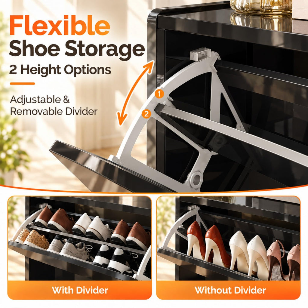 High Gloss Shoe Cabinet, 2 Flip Drawers with LED, Black