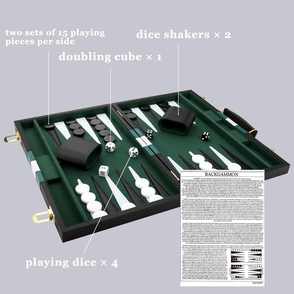 Backgammon Set - Classic Board Game with Premium PU Leather Case - Portable Travel Strategy Backgammon Game Set