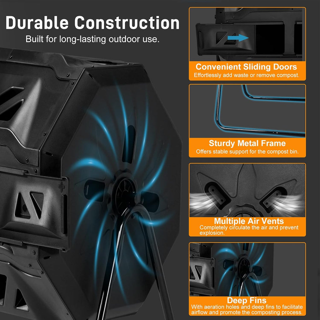 Outdoor Dual Chamber Compost Tumbler, 43 Gallon Black Rotating Batch Compost Bin with Sliding Doors for Garden