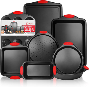 Non-Stick 8-Piece Pan Set, BPA-Free Carbon Steel Bakeware Set with Silicone Handles, Stackable Kitchen Oven Set