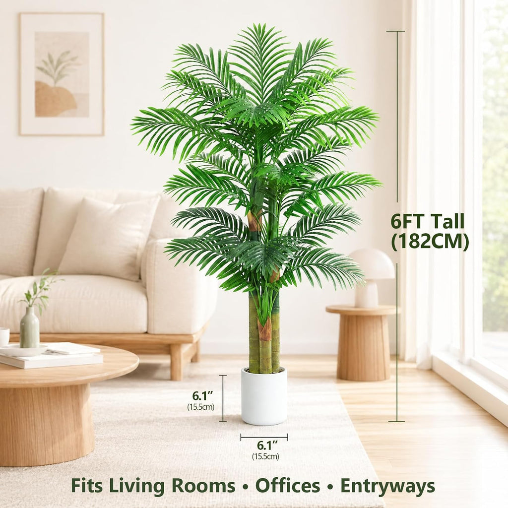 Artificial Golden Cane Palm Tree 6FT, Fake Palm Trees in White Pot
